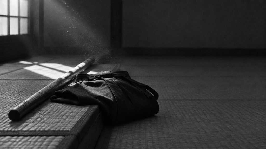 Een houten jo en een gevouwen hakama op de rand van de tatami in een lichtbaan